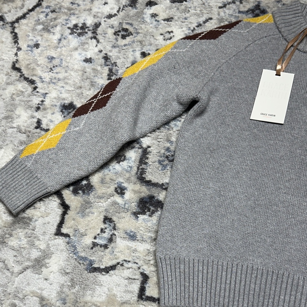 Grace Karin Kids Argyle Sweater NWT Gray Knit Pullover Half Zip Unisex Size 8 - Picture 2 of 6